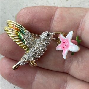 Gold and Pink Hummingbird Brooch with Crystal Details